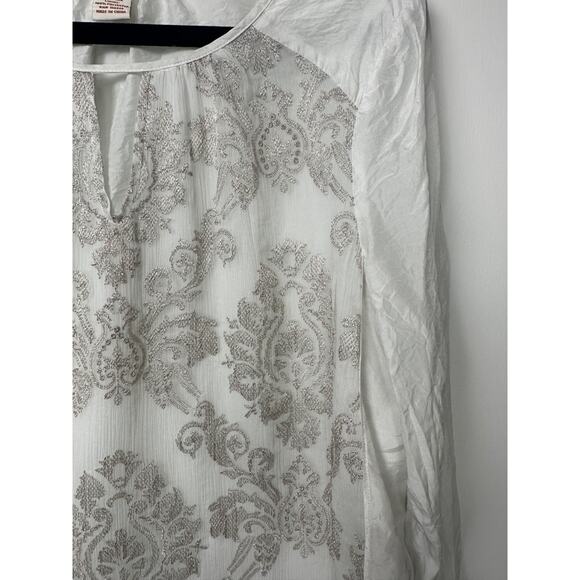 Sundance 100% Silk Sz L Embroidered Long Sleeve Blouse White Silver Keyhole B21 - Picture 3 of 6